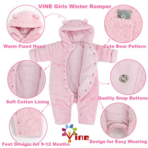 Vine Traje de Nieve Bebé Niños Niñas Ropa de Invierno Footed Peleles Mameluco con Capucha Cálido Monos, Rosa 6-9 Meses