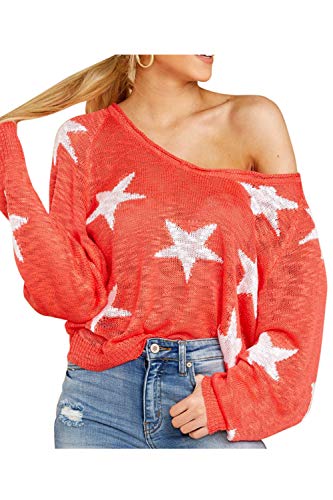 Viottiset Jersey de punto para mujer con estampado de estrellas, manga larga, cuello redondo, coral M