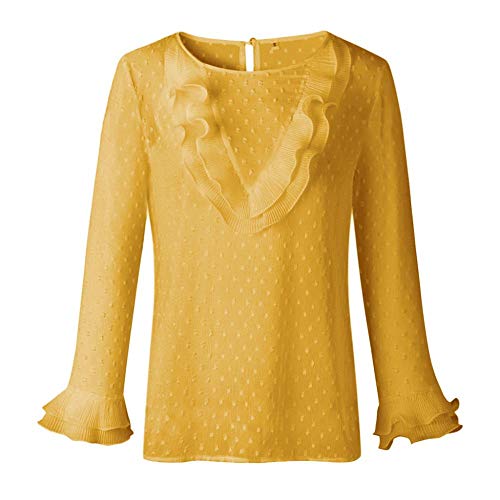 VJGOAL Moda Mujer Casual Encaje Sexy Lunares O Cuello Dulce Volante Camiseta Manga Larga Tops Blusa (S, X-Amarillo)