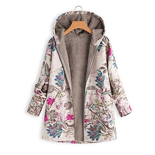 VJGOAL Para Mujer de Invierno más el tamaño de la Moda Casual Warm Thicken Outwear Estampado Floral Bolsillos con Capucha Vintage Abrigos de Gran tamaño(Large,Rosa Caliente)