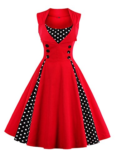 VKStar® - Vestido retro, estilo vintage, años 50, rockabilly, sin mangas, elegante vestido de noche con botones rojo M