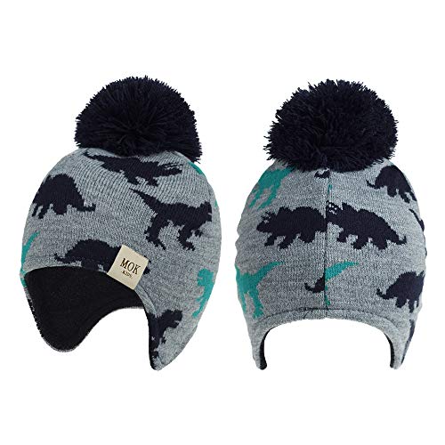 Vobony Sombrero y Bufanda Conjunto Niños Niñas Invierno Otoño Bufandas del Bebé Gorro de Punto con Pompon Forro Polar Patrón de Dinosaurio Sombrero de Lana Cuello Caliente (Azul Marino, 3-18 Meses)