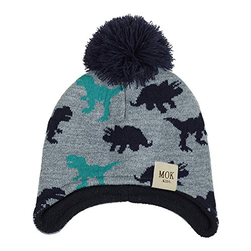 Vobony Sombrero y Bufanda Conjunto Niños Niñas Invierno Otoño Bufandas del Bebé Gorro de Punto con Pompon Forro Polar Patrón de Dinosaurio Sombrero de Lana Cuello Caliente (Azul Marino, 3-18 Meses)