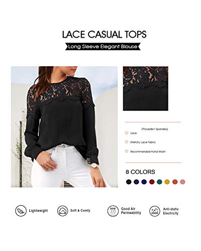 VONDA Camisa Mujer Manga Larga Sexy para con Blusa Encaje Tops Elegantes Bordados Túnica Cuello Redondo Shirt A-Negro S