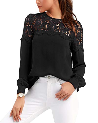 VONDA Camisa Mujer Manga Larga Sexy para con Blusa Encaje Tops Elegantes Bordados Túnica Cuello Redondo Shirt A-Negro S