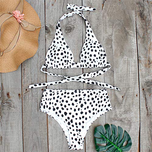 Voqeen Bikini de Cintura Alta para Mujer Conjunto de Cuello Halter Polka Dot Leaves Traje de baño con Estampado de Cuadros Traje de baño de Playa de Verano