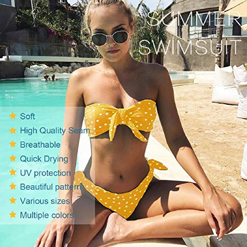 Voqeen Bikini Mujer Dos Piezas Ropa con Estampado de Lunares Push-Up Traje de baño con Lazo Mujeres Cuello Halter Sin Tirantes Bandeau Bikini Traje de baño (L, Amarillo)