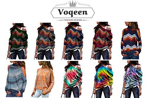 Voqeen Camisa de Manga Larga Tallas Grandes Mujer Camisas Estampado de Moda de Mujer Verano Camisas Blusas Tops Cold Shoulder Blusa Camisa Algodón Shirts (XL, Morado Rosado)