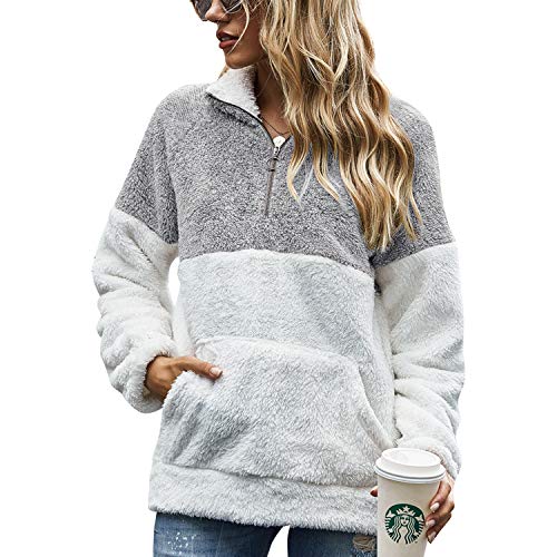 Voqeen Mujer Sudaderas con Teñido Anudado Collar del Soporte Pullover de Vellón Difuso de Manga Larga Jersey de Color de Contraste con Cremallera de 1/4 Abrigo Outwear Tops con Bolsillos