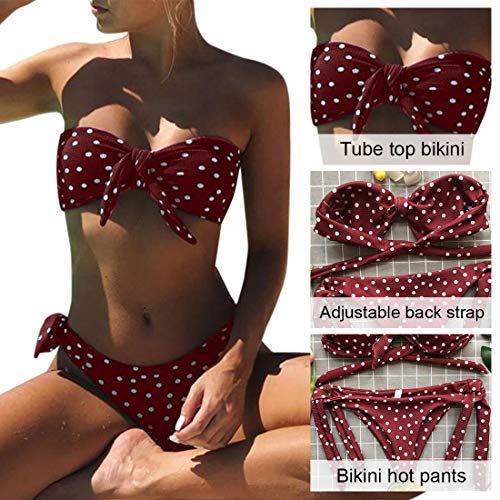 Voqeen Mujeres Cuello Halter Sin Tirantes Bandeau Giro Hacer Subir Lunares Conjunto de Bikini Traje de baño