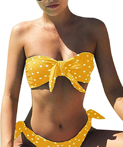 Voqeen Mujeres Cuello Halter Sin Tirantes Bandeau Giro Hacer Subir Lunares Conjunto de Bikini Traje de baño (Amarillo, L)