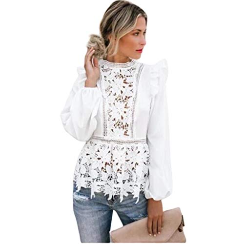 WangsCanis Blusa de mujer elegante vintage blusa top cuello redondo de manga larga de sacudida transparente para primavera/otoño Bianco Pizzo L