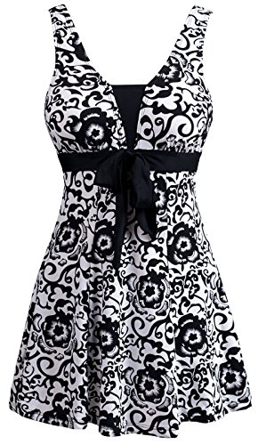 Wantdo Traje de Baño Tankini Playa 1 Pieza Estampado Floral Falda para Mujer Negro 44