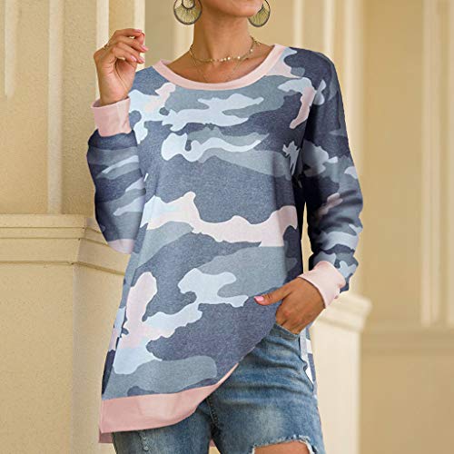 WARMWORD Mujer Moda Camuflaje Casual Cuello Redondo Hombro De Punto Bolsillo Camisa Entrenamiento Prendas Tops Mujeres Top Camiseta Ladies Loose Manga Larga Blusa S-XL