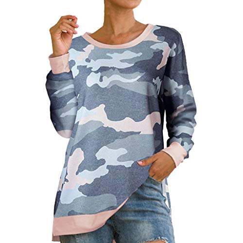 WARMWORD Mujer Moda Camuflaje Casual Cuello Redondo Hombro De Punto Bolsillo Camisa Entrenamiento Prendas Tops Mujeres Top Camiseta Ladies Loose Manga Larga Blusa S-XL