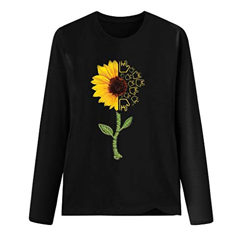 WARMWORD Mujer Tops Elegantes Blusas para Mujer Cómodas Mangas largas Blusas para Mujer Otoño Mujer Moda Talla Extra Estampado de Girasol Cuello Redondo Manga Larga Camiseta Blusa Tops