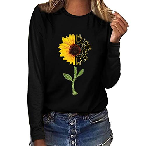 WARMWORD Mujer Tops Elegantes Blusas para Mujer Cómodas Mangas largas Blusas para Mujer Otoño Mujer Moda Talla Extra Estampado de Girasol Cuello Redondo Manga Larga Camiseta Blusa Tops