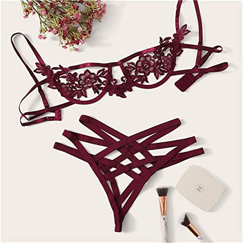 WATERMELON Las Mujeres arnés Apliques Aros Sexy Íntimos Negro Correas V-Secuencia de la Ropa Interior Femenina Transparente Bra Set (Color : Burgundy, Cup Size : L)