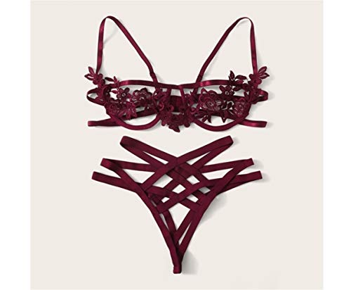 WATERMELON Las Mujeres arnés Apliques Aros Sexy Íntimos Negro Correas V-Secuencia de la Ropa Interior Femenina Transparente Bra Set (Color : Burgundy, Cup Size : L)