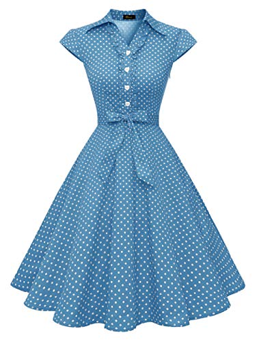 Wedtrend Vestido Vintage Escote V 1950s Cóctel Rockabilly Mujer Vestido Fiesta WTP10007BlueWhiteDotXS