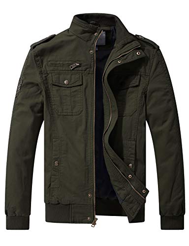 WenVen Chaqueta de Algodón Otoño Casual Rompevientos Cremallera Delgada Chaqueta Fina Joven Sahariana Chaqueta de Aviador Invierno Hombre Verde Militar Large