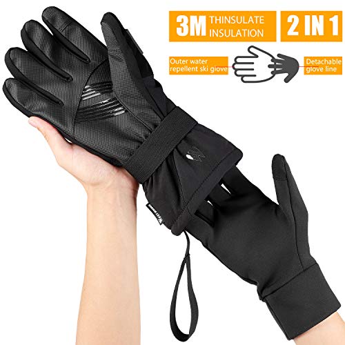 West Biking Guantes de esquí de invierno 2 en 1 con forro interior separado, 3M Thinsulate impermeable, pantalla táctil, cálidos, guantes de snowboard para hombre y mujer, esquí, pala de nieve