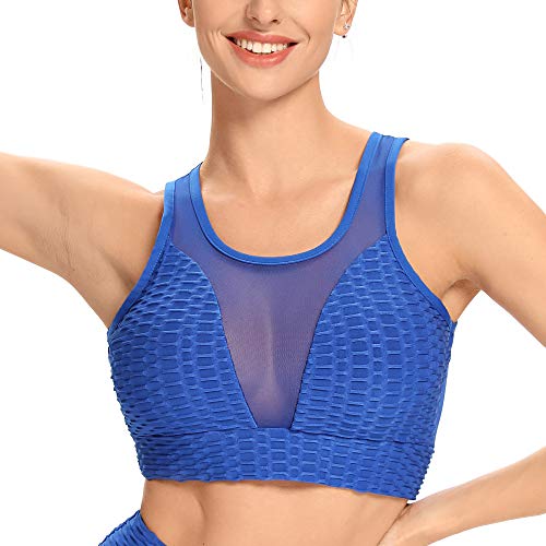 WOWENY Sujetador deportivo de malla para mujer, acolchado, sujetador deportivo sin aros, encaje sexy de panal de miel para yoga, correr, yoga, entrenamiento, fitness, ropa diaria azul M