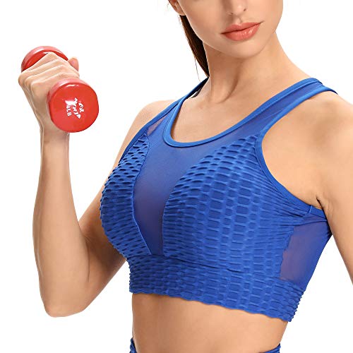 WOWENY Sujetador deportivo de malla para mujer, acolchado, sujetador deportivo sin aros, encaje sexy de panal de miel para yoga, correr, yoga, entrenamiento, fitness, ropa diaria azul M