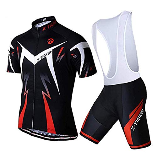 X-TIGER Ciclismo Maillots para Hombres con Tirantes Manga Corta Transpirable Secado Rápido con 5D Acolchado Gel Culotes Culotte Pantalones Cortos (Rojo,2XL)