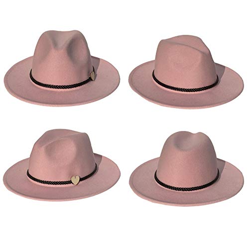 Xiang Ru Sombreros Fedora de fieltro de ala ancha para hombres y mujeres, 2 piezas de cuero extraíble y banda de perlas, Mujer, XR0526-20012AB, rosa, Talla única