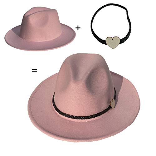 Xiang Ru Sombreros Fedora de fieltro de ala ancha para hombres y mujeres, 2 piezas de cuero extraíble y banda de perlas, Mujer, XR0526-20012AB, rosa, Talla única