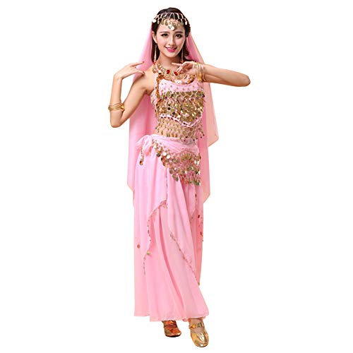 Xinvivion 4 Piezas Mujer Señoras Danza del Vientre Profesional Conjunto de Vestuario Danza India Rendimiento Outfit Traje (Rosa,Ajuste 35-45 KG)