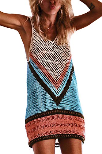 YACUN Mini Vestido Sin Mangas De Punto De Ganchillo para Mujer Azul L