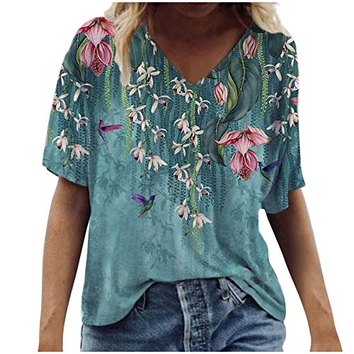 YANFANG Blusa de Camiseta con Cuello en V con Estampados de Manga Corta de Talla Grande para Mujer Casual Verano Basica Buen Juego