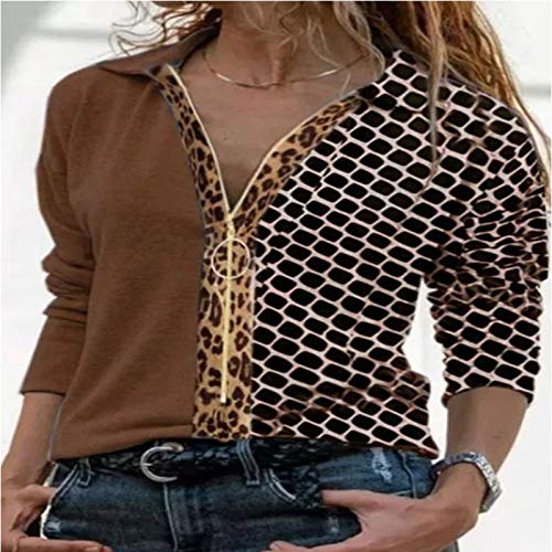 YANFANG Camisa de Manga Larga para Mujer,La Moda Casual de Las Mujeres imprimió los Tops la Cremallera del Bloque de Color,Moda Casual Blusa Algodón Suelto Tops Sudadera Pullover Elegante