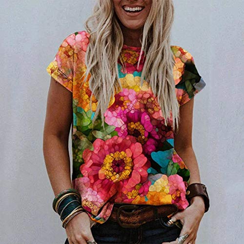 YANFANG Camiseta para Mujer Holgada de Manga Corta con Estampado Floral Boho Casual básica del estación Verano Primavera