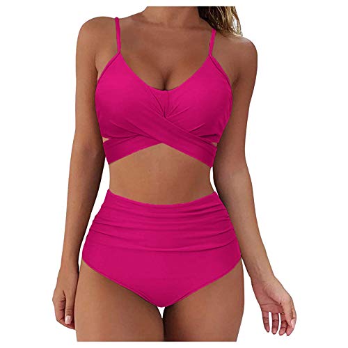 YANFANG Conjunto de Bikini con Estampado de Soild Sexy para Mujer Traje de baño Push Up Traje de baño de Cintura Alta,Suave Acolchado Tops y Braguitas Conjuntos Bikinis Bañador Brasileño,Hot Pink,XL