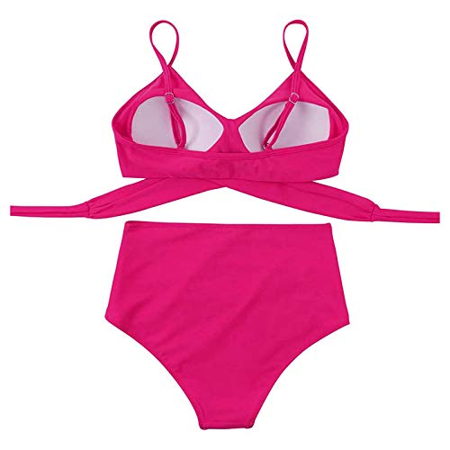 YANFANG Conjunto de Bikini con Estampado de Soild Sexy para Mujer Traje de baño Push Up Traje de baño de Cintura Alta,Suave Acolchado Tops y Braguitas Conjuntos Bikinis Bañador Brasileño,Hot Pink,XL