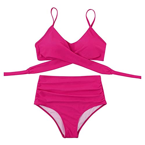 YANFANG Conjunto de Bikini con Estampado de Soild Sexy para Mujer Traje de baño Push Up Traje de baño de Cintura Alta,Suave Acolchado Tops y Braguitas Conjuntos Bikinis Bañador Brasileño,Hot Pink,M