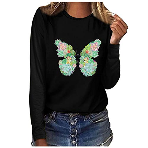 YANFANG Sudadera sin Capucha para Mujer, Camiseta Holgada Informal con Cuello Redondo y Manga Larga con Estampado de Mariposas y Blusa Superior para Mujer