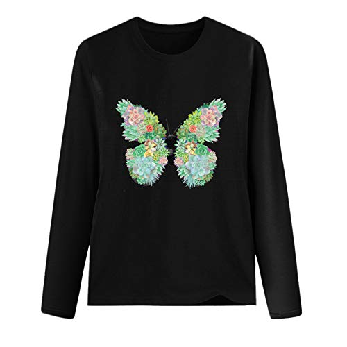 YANFANG Sudadera sin Capucha para Mujer, Camiseta Holgada Informal con Cuello Redondo y Manga Larga con Estampado de Mariposas y Blusa Superior para Mujer