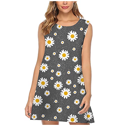 YANFANG Vestido Verano Mujer,Vestidos Sueltos hasta La Rodilla Sin Mangas con Cuello Redondo Y Estampado De Moda para Fiesta Cortos Elegantes,Vestidos Elegantes Mujer Verano,Negro,Gris,Amarillo,S-XXL