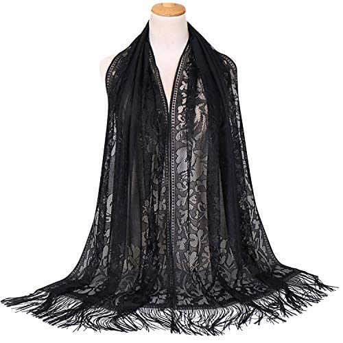 YAOMEI Mujer Bufanda Chales Estolas, Encaje hueco Verano Mantón Estolas Fulares Bufanda Pañuelo bodas nupcial bridemaids Ropa de noche partido (78.7 * 24.8 pulgadas (200cm * 63cm), Negro)