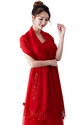 YAOMEI Mujer Bufanda Chales Estolas, Gasa BordadoMantón Estolas Fulares Bufanda Pañuelo bodas nupcial bridemaids Ropa de noche partido (Un tamaño: 86.6 * 19.7 pulgadas (220cm * 50cm), Rojo)