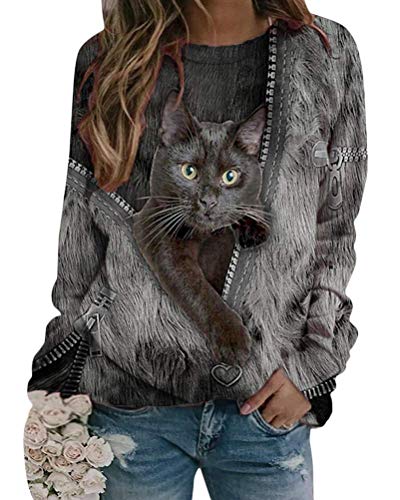 Yesgirl Sudadera para Mujer Camiseta Invierno Manga Larga Top De Dibujos Animados Estampado En 3D Patrón De Gatos Camisa Suéter Blusa Otoño Cuello Redondo Casual Top A Negro 2XL