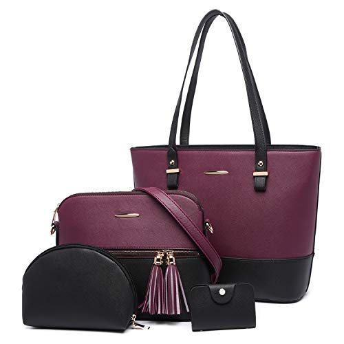 YeumouG Bolsos Mujer Bolsos Mujer Bandolera Bolsos Mujer Grande Cuero PU Bolso Señoras Shopper Totes para Escuela Compras Viaje Oficina 4pcs (Morado/Negro)