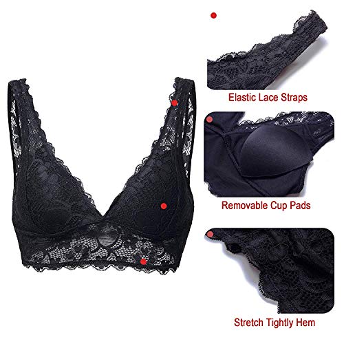 YIANNA Mujer Sujetador Bralette Encaje con Relleno Retirable Sujetadores Top sin Aro Push up Lace Bra Negro, 7120 Size XL