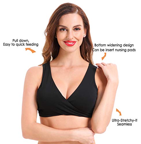 YiNuow enfermería de la Maternidad del sueño Sujetador Wirefree algodón Soft Cup Amamantamiento Ropa Interior Bra (Negro, XXL)