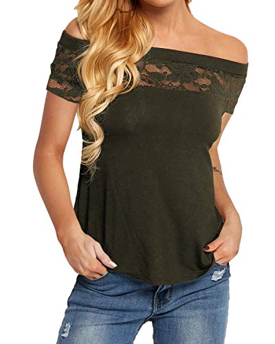 YOINS Blusa de manga corta con hombros descubiertos para mujer, blusa de manga larga, blusa de encaje, informal, cuello de barco