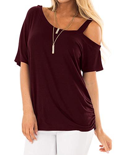 YOINS - Blusa de manga corta para mujer con un hombro descubierto - Camiseta de verano de estilo informal y de color liso